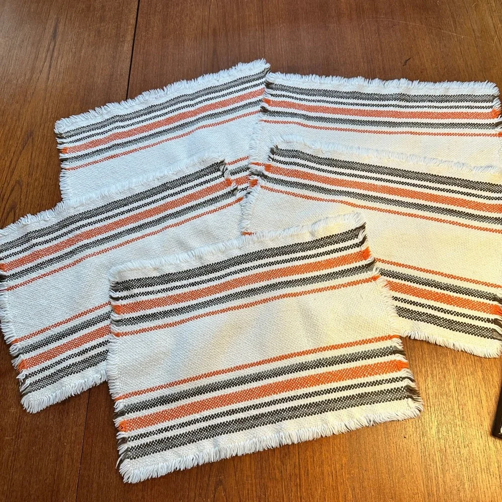 Vintage Woven Striped Placemats Set of 5 Orange Brown Fringed MCM Boho 16x11
